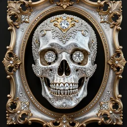 a portrait of a beautiful ornate and intricate rococo skull with diamonds as eyes and with silver and gold details and diamonds inside a rococo frame, 4k, octane render, vray, unreal engine, photorealistic