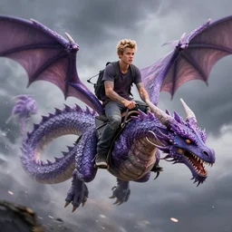 super - detailed justin bieber riding a purple dragon in a storm, ultrarealistic, highly detailed, soft colors