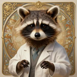 anthropomorphic raccoon scientist, deep focus, d & d, fantasy, intricate, elegant, highly detailed, digital painting, artstation, concept art, matte, sharp focus, illustration, hearthstone, art by artgerm and greg rutkowski and alphonse mucha