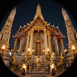 rainbow thai temple, elaborate, intricate, beautiful, magical, well lit, torches, mythical beasts, gods, princes, royalty, representational, hyperrealistic, DAZ, unreal 5, fisheye, dynamic lighting, detailed painting by Leonardo DaVinci
