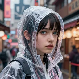 Kodak Portra 160, 8K, highly detailed, wachowski seinen manga 3/4 closeup portrait, eye contact, focus on clear transparent raincoat replicant girl model, tilt shift zaha hadid style anime background: famous blade runner anime remake, tokyo izakaya scene