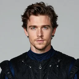 medium face shot of adult Austin Butler !!with exposed dark-haired head!!, dressed in black-prussian blue Tudor-future clothing with embroidered-Ram-emblem, and nanocarbon-vest, in an arena in Dune 2021, XF IQ4, f/1.4, ISO 200, 1/160s, 8K