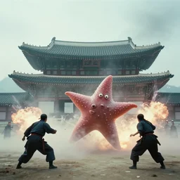 a filmstill of a north korean monster movie, kaiju - eiga monster starfish - like trampling a traditional korean palace, foggy, film noir, epic battle, etheral, explosions, thriller, by akira kurosawa and wes anderson video compression