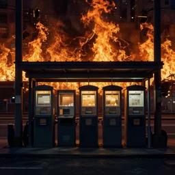 this toll booth, like the rank of booths, was dark. girders wheeled by him, left and right. beyond, the burning city squatted on weak, inverted images of its fires. by marc simonetti, hugh ferriss, james paick, greg rutkowski, aaron horkey