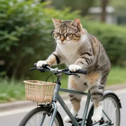 a cat with glasses rides a bike