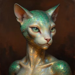detailed portrait in femininity, alien, feline, realistic face sculpted features, large clear eyes, statuesque model, opalescent skin, high collar, warm glow, bathed in light, chiaroscuro, shimmering scales, biomorphic, organic impressionism, dappled backdrop, deep rich tones, burnt umber and emerald color palette, painterly