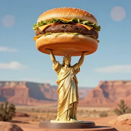 Markiplier lifting a gigantic hamburger like the statue of Atlas, utah, bokeh filter