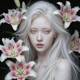 highly detailed portrait of a beautiful girl, endless hair with pale skin, fibonacci fragile, surounded by lilyes flower by james jean, by victo ngai, 4 k resolution, trending on artstation, very very detailed, masterpiece, stunning,