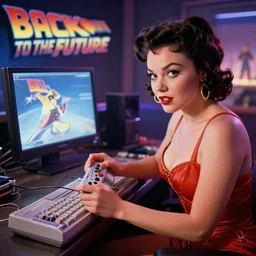 a still of Bettie Page playing with a NES controller, in the movie Back to the Future, highly detailed and intricate, cinematic lighting, 4k HDR