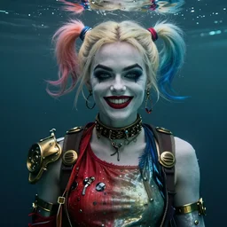 underwater steampunk portrait of emma stone as harley quinn, hyper detailed, digital art, trending in artstation, cinematic lighting, studio quality, smooth render, unreal engine 5 rendered, octane rendered, art style by klimt and nixeu and ian sprigger and wlop and krenz cushart.
