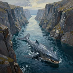 fjord, sea monster, a long, narrow, deep inlet of the sea between high cliffs, extremely detailed oil painting, unreal 5 render, digital art, landscape painting, octane render, beautiful composition, trending on artstation, award winning photograph, masterpiece