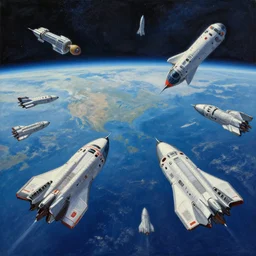 an expansive painting of many spaceships leaving earth, optimistic mood