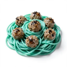 turquoise spaghetti and meatballs, high detail macro photography, isolated on a pure white background, centered, entire object in frame, sharp focus, soft studio lighting