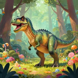 A dinosaur in a candy forest, digital art, trending on artstation, HDR, by Thomas Kinkade