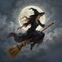 witch on broom in sky, painting by anita solver, extremely detailed book illustration, and cloudy full moon, dreamy feeling, dramatic lighting by artstation, cgsociety
