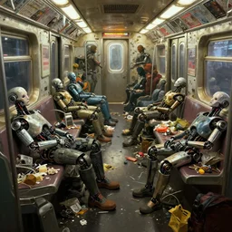 cyberpunk detail painting of subway car full of garbage with sleeping humanoid robots, dramatic lighting, strong realistic volumetric lighting, strong subsurface scattering, back lighting, image from new scifi movie from digital domain, paint by brian froud, by stan stalenhag
