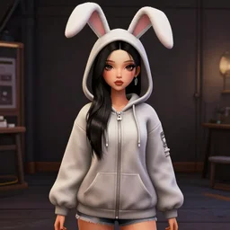 vrchat, secondlife, imvu, 3 d model of a girl in a bunny hoodie, hq render, detailed textures, artstationhd, booth. pm, highly detailed attributes and atmosphere, dim volumetric cinematic lighting, hd, unity unreal engine