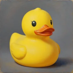 portrait of a yellow rubber duck by rene magritte, oil on canvas.