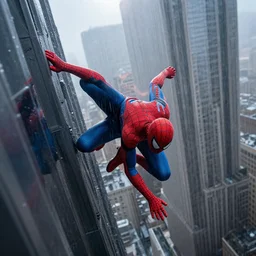 peter parker falling down a futuristic skyscraper building into a rainy new york, lens flare, deep focus, d & d, intricate, elegant, highly detailed, photo, 9 0 s, artstation, blade runner, 8 k, sharp focus, octane, unreal engine 5, global illumination, radiant