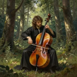 woodland scene with a single cello, dappled sunlight, intricate, beautiful, highly detailed, elegant, artstation, concept art, smooth and sharp focus, illustration, painting by isaak ilyich levitan