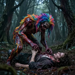 a beautiful colorful ( flesh - eating ) gazipagmo covered in raindow fur and maggots, eating the leg of a screaming man, in a creepy forest with melting trees, schizophrenic hallucination, fear, morbid, nightmare, supernatural, 8 k, hd photography, highly detailed, chiaroscuro, terrifying