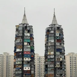 high towers, made up of stacked makeshift squatter shacks with faded colours, plain uniform sky at the back, misty, mamiya, ultra sharp, very detailed, photographed by julie blackmon