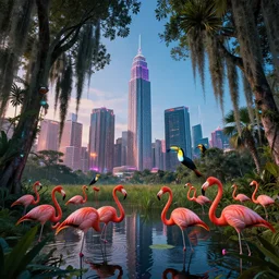 kowloon city, everglades, trees hanging spanish moss, cyberpunk 2 0 7 7. flamingos, toucans, surreal, sci - fi, fantasy, luminescent wide angle highly detailed by santiago calatrava and andreas franke, wlod, captivating 8 k hdr, octane render godrays artstation