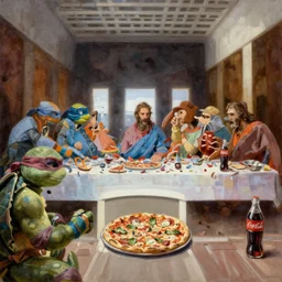 realistic painting of the last supper with ninja turtles. pizza and coca cola are on the table. oil on canvas. 4 k