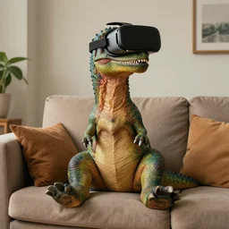 A anthropomorph dinosaur sitting down on a couch wearing a vr headset, ultra detailed, by Tomasz Alen Kopera and Peter Mohrbacher