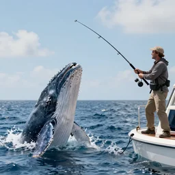 a man catching an angry whale on the end of his fishing rod cinematic 3 5 mm hyperrealistic