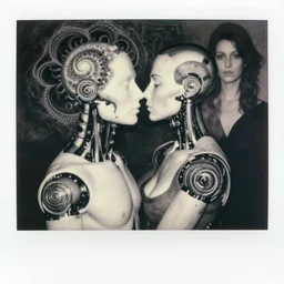 a black and white photo of cybernetic humanism in love, mandelbrot, in the style of egon schiele, m c escher, jenny saville, surreal, film photography, soft lighting, fashion photography, polaroid photography