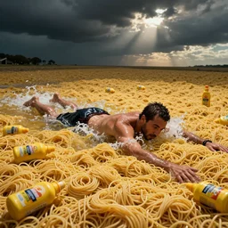 john leguizamo swimming in a sea of spaghetti and bottles of mustard, realistic, surrealist