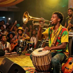dream a beautiful reggae music concert, raw, brass instrument, singer, tabla, guitar, battery, crowd, by james jean, by rossdraws, frank franzzeta, mcbess, yellow red green scheme color