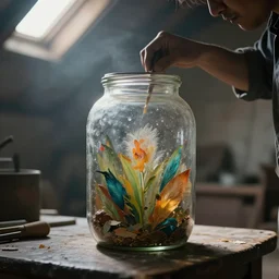 a man making art inside of a jar, placed in an old attic, close up, beautiful atmosphere, haze, 4K