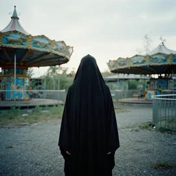 a cloaked figure in an abandoned amusement park, by omar z. robles, canon eos c 3 0 0, ƒ 1. 8, 3 5 mm, 8 k, medium - format print