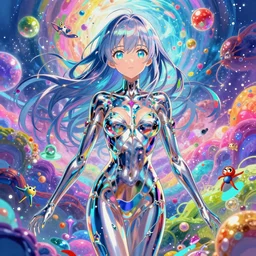 ultra detailed illustration of a anime girl covered in liquid chrome, lost in a dreamy fairy multiverse by ross tran, Andrew Thomas Huang, Ohrai Noriyoshi,, colorful, front view, vivid colors, 8k, coherent, artgerm, anime vibes, uplifting, magical composition, artstation