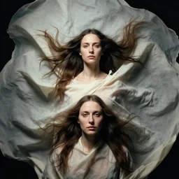 a portrait of a woman with long hair wearing a fabric cloth drapery by peter mohrbacher and jenny saville and roberto ferri, billowing, dramatic, dynamic lighting, sharp focus, motion, symmetrical features
