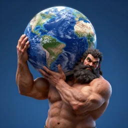 a muscular man carrying the Earth on his back, big beard, bold, hyperrealistic, concept art, octane render, unreal engine 5, trending on Artstation, high quality, highly detailed, 8K, soft lighting, anatomically correct, five fingers, blue background, geometric, digital art, trending on DeviantArt, matte painting, fantasy style, dramatic lighting, cinematic