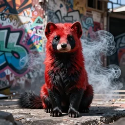 photo ( far _ shot ), subject [ furry _ fandom _ fursona ( red - and - black, weasel - ferret - stoat ) ], graffiti _ background ( smoke ), medium ( spray _ paint, favela _ wall )