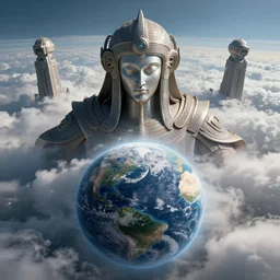 symmetry!! anunaki god overlooking the earth, peaking from above the clouds, ancient astronauts, very detailed, intricate, perfect lighting, perfect composition, artstation, artgerm, derek zabrocki, greg rutkowski, 4 k