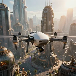 photorealistic steampunk city, view drone. daylight. sunlight. lens flare. light fixtures. 8K. detailed. photorealism. artstation. 25mm f/1.7 ASPH Lens. ultra realistic