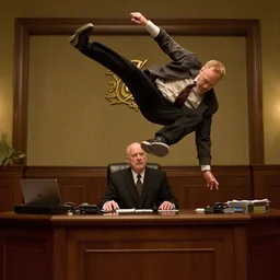 saul goodman doing a kickflip across the judge's desk, movie film still, hq, hdr