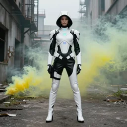 beautiful fashion model with white sci - fi tactical gear, black leather garment, hologram sci - fi hood, full shot fashion photography, foggy alleyway, abandoned factory, battle ready, acid color smoke, by irving penn and storm thorgerson, ren heng, peter elson