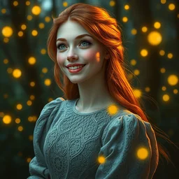 infp young woman, smiling amazed, golden fireflies lights, full covering intricate detailed dress, amidst nature, long red hair, precise linework, accurate green eyes, small nose with freckles, beautiful oval shape face, realistic, expressive emotions, dramatic lights, hyper realistic ultrafine art by artemisia gentileschi, jessica rossier, boris vallejo