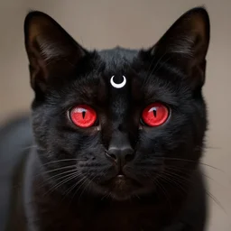 a female black cat with red eyes and a crescent moon symbol in her forehead
