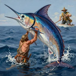 a matte painting from the old man and the sea scene as he is pulled out to sea by a monster marlin, in the style of george philip reinagle, greg rutkowski, jan van de cappelle, digital painting, photorealistic, ornately detailed, unreal engine, extremely detailed masterpiece, illustration, trending on artstation