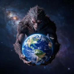 Mystserious creature holding earth in space, view from above,