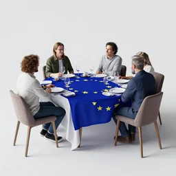 octane render, people sitting around a dinner table with the european flag draped over it n - 9
