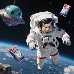 Deep space, matinee blockbuster, the James Webb Telescope, action sequence,  astronaut ((cream colored Maine Coon kitten)) space suite visor down, space walk, an unopened bag of kitty litter floats nearby, in the background friendly cute alien spacecraft, digital art, 4K, 8K, road trip exciting