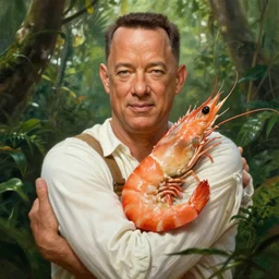 Tom Hanks as forrest gump hugging a giant shrimp in the jungle, realistic digital painting, in the style of Aleksi Briclot, photoreailstic, realistic face, amazing detail, sharp